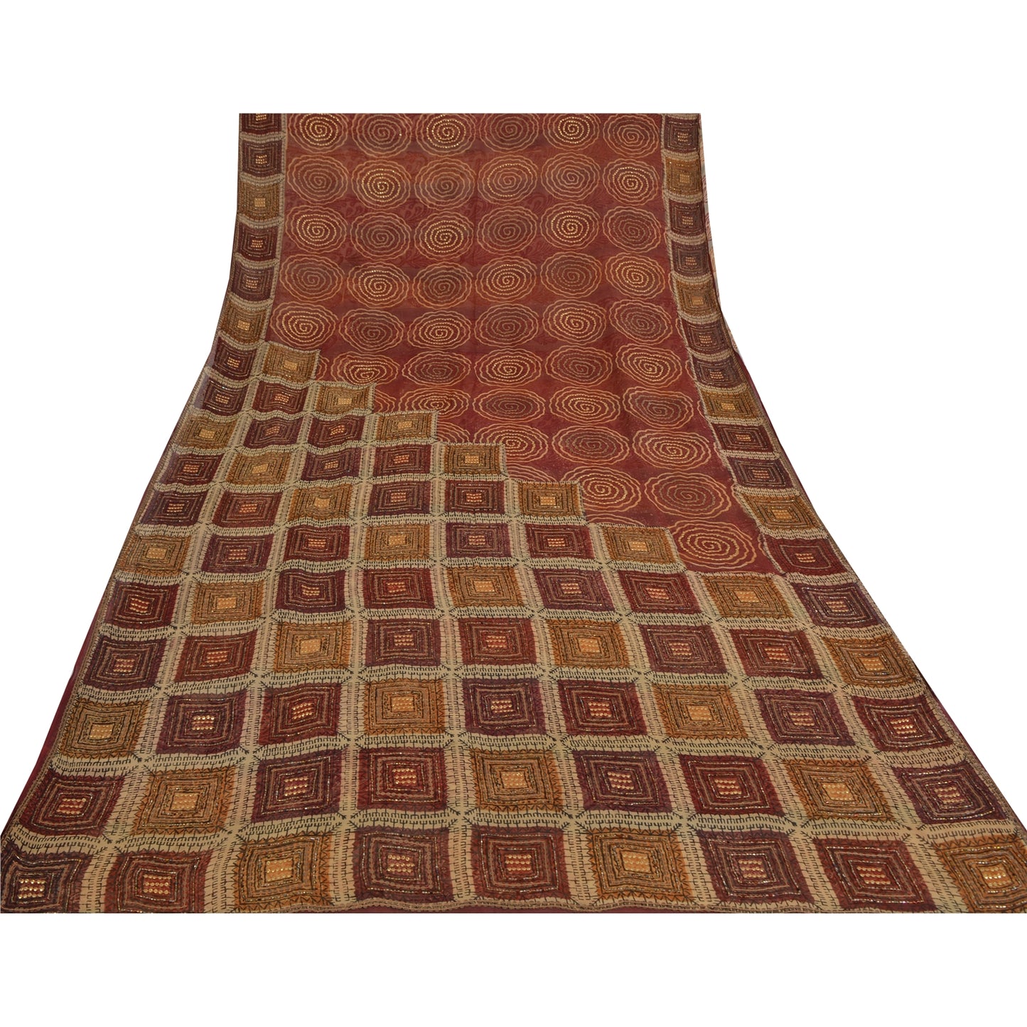 Sanskriti Vintage Brown Sarees Pure Georgette Hand Beaded Craft Fabric 5yrd Sari