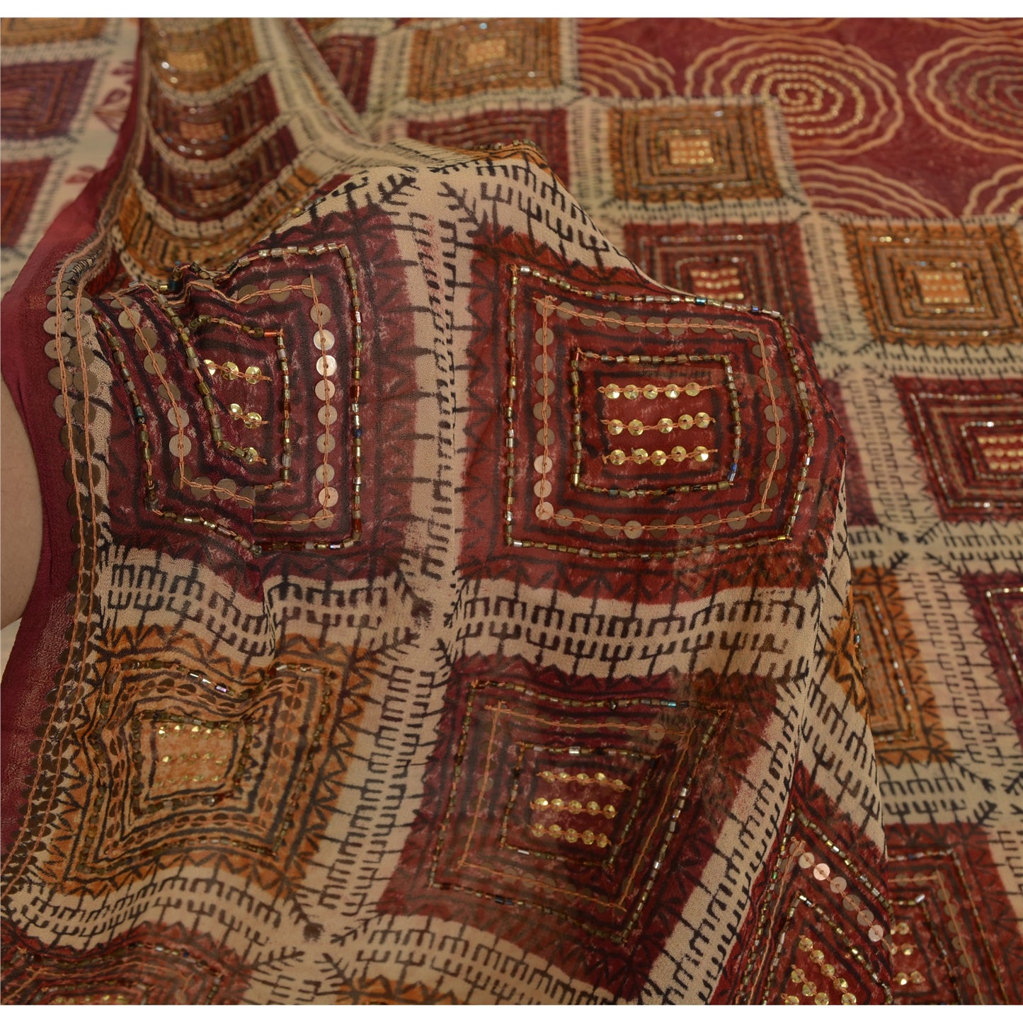 Sanskriti Vintage Brown Sarees Pure Georgette Hand Beaded Craft Fabric 5yrd Sari
