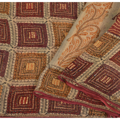 Sanskriti Vintage Brown Sarees Pure Georgette Hand Beaded Craft Fabric 5yrd Sari