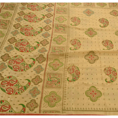 Sanskriti Vintage Sarees Art Silk Hand Beaded Painted Craft Cream Fabric Sari