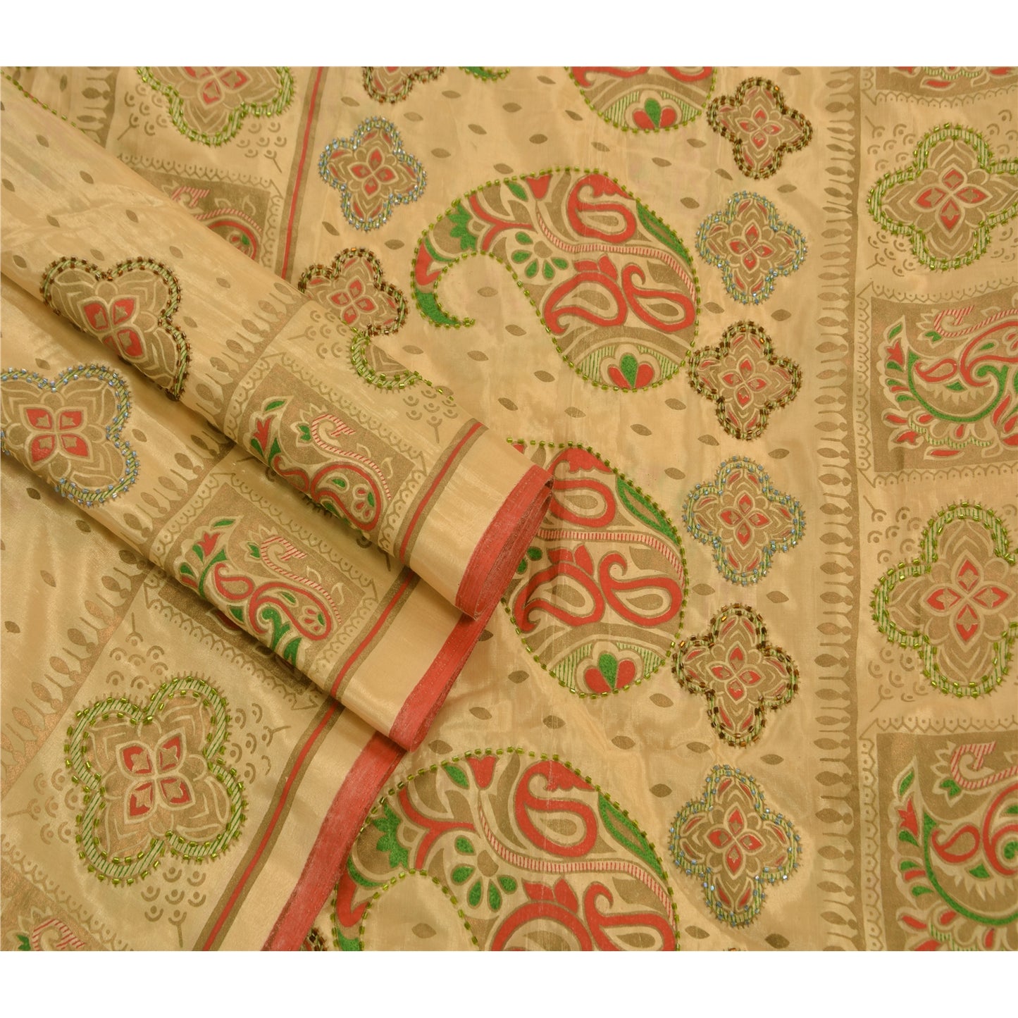 Sanskriti Vintage Sarees Art Silk Hand Beaded Painted Craft Cream Fabric Sari