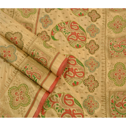 Sanskriti Vintage Sarees Art Silk Hand Beaded Painted Craft Cream Fabric Sari