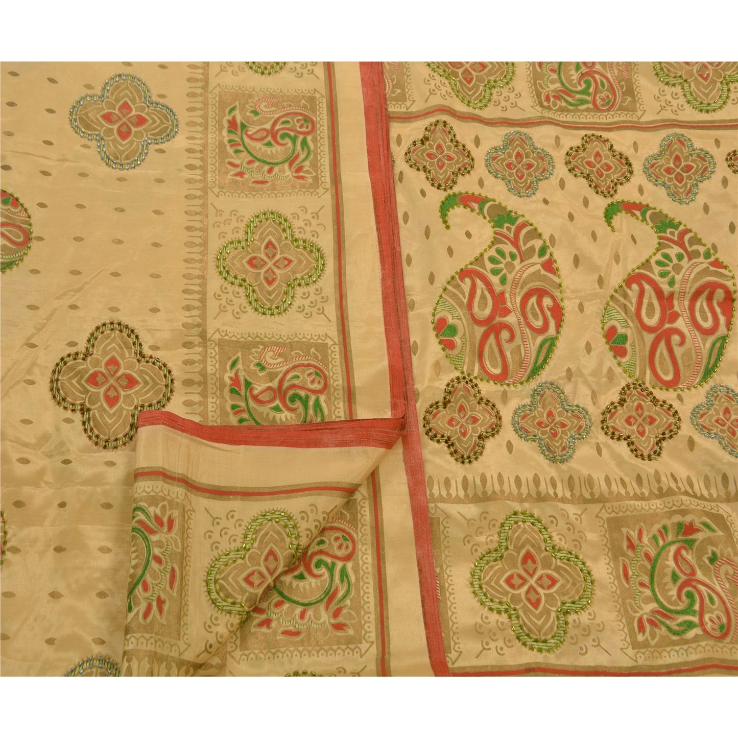 Sanskriti Vintage Sarees Art Silk Hand Beaded Painted Craft Cream Fabric Sari