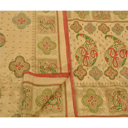 Sanskriti Vintage Sarees Art Silk Hand Beaded Painted Craft Cream Fabric Sari