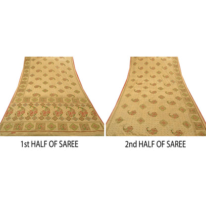 Sanskriti Vintage Sarees Art Silk Hand Beaded Painted Craft Cream Fabric Sari