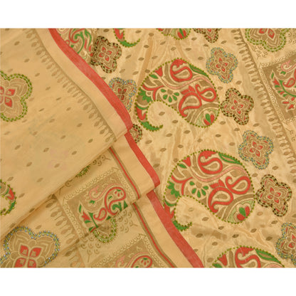 Sanskriti Vintage Sarees Art Silk Hand Beaded Painted Craft Cream Fabric Sari