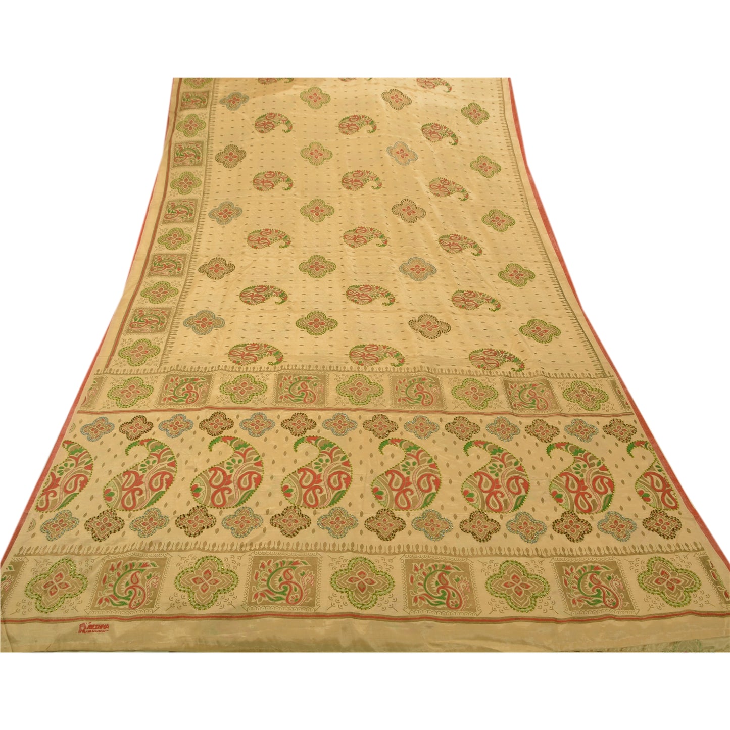 Sanskriti Vintage Sarees Art Silk Hand Beaded Painted Craft Cream Fabric Sari