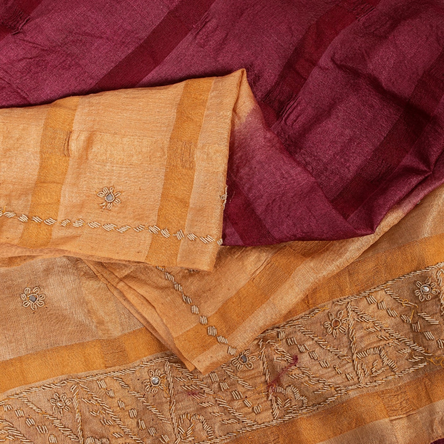 Sanskriti Vintage Plum Red & Brown Sarees Pure Silk Hand Bead Zardozi 5+YD Sari