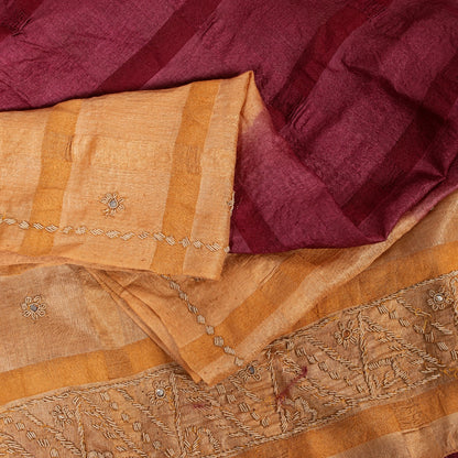 Sanskriti Vintage Plum Red & Brown Sarees Pure Silk Hand Bead Zardozi 5+YD Sari