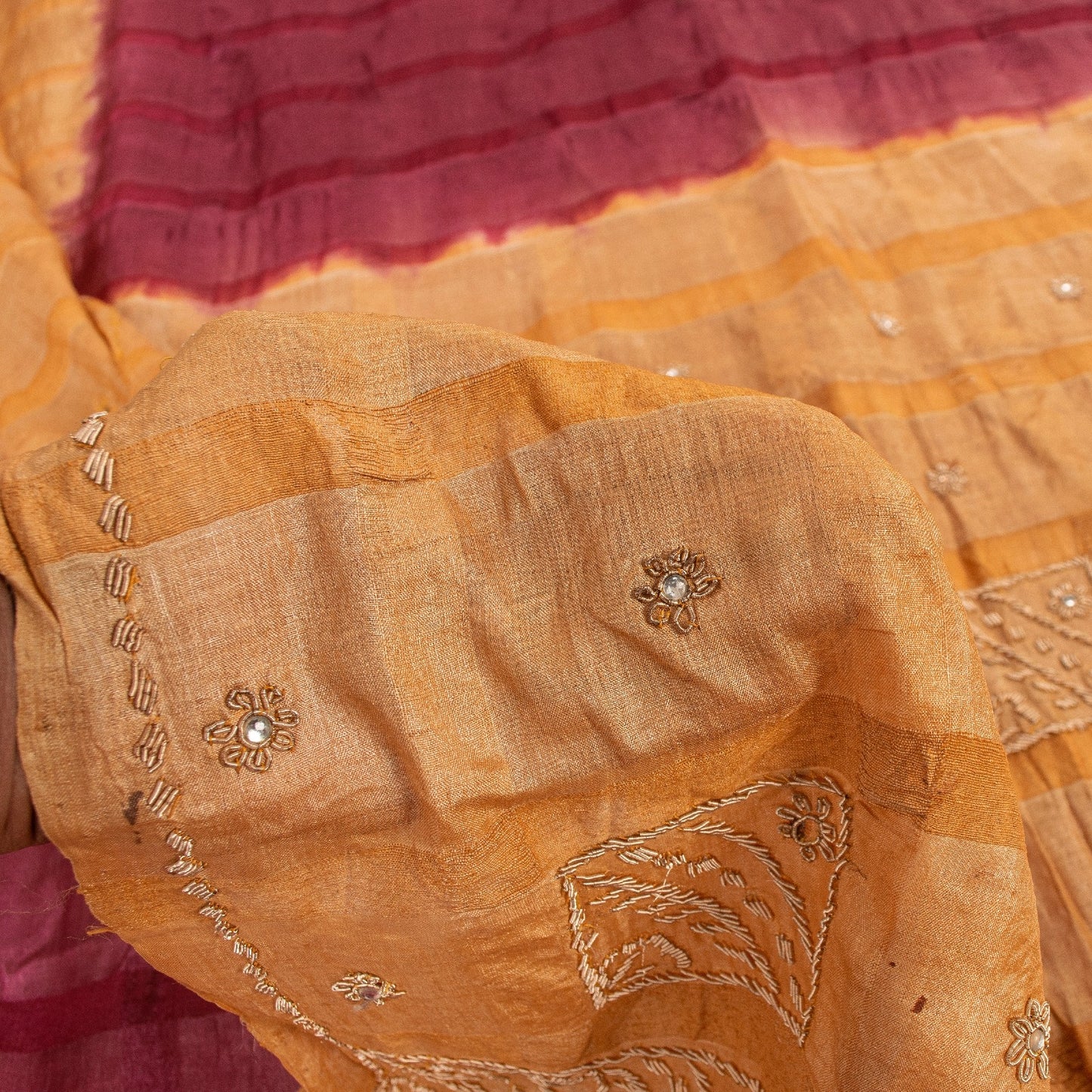Sanskriti Vintage Plum Red & Brown Sarees Pure Silk Hand Bead Zardozi 5+YD Sari
