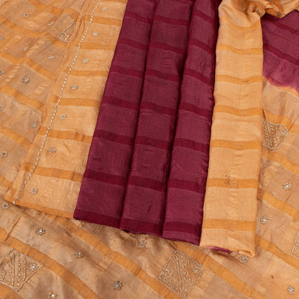 Sanskriti Vintage Plum Red & Brown Sarees Pure Silk Hand Bead Zardozi 5+YD Sari