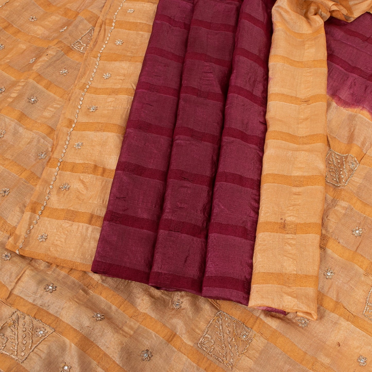 Sanskriti Vintage Plum Red & Brown Sarees Pure Silk Hand Bead Zardozi 5+YD Sari