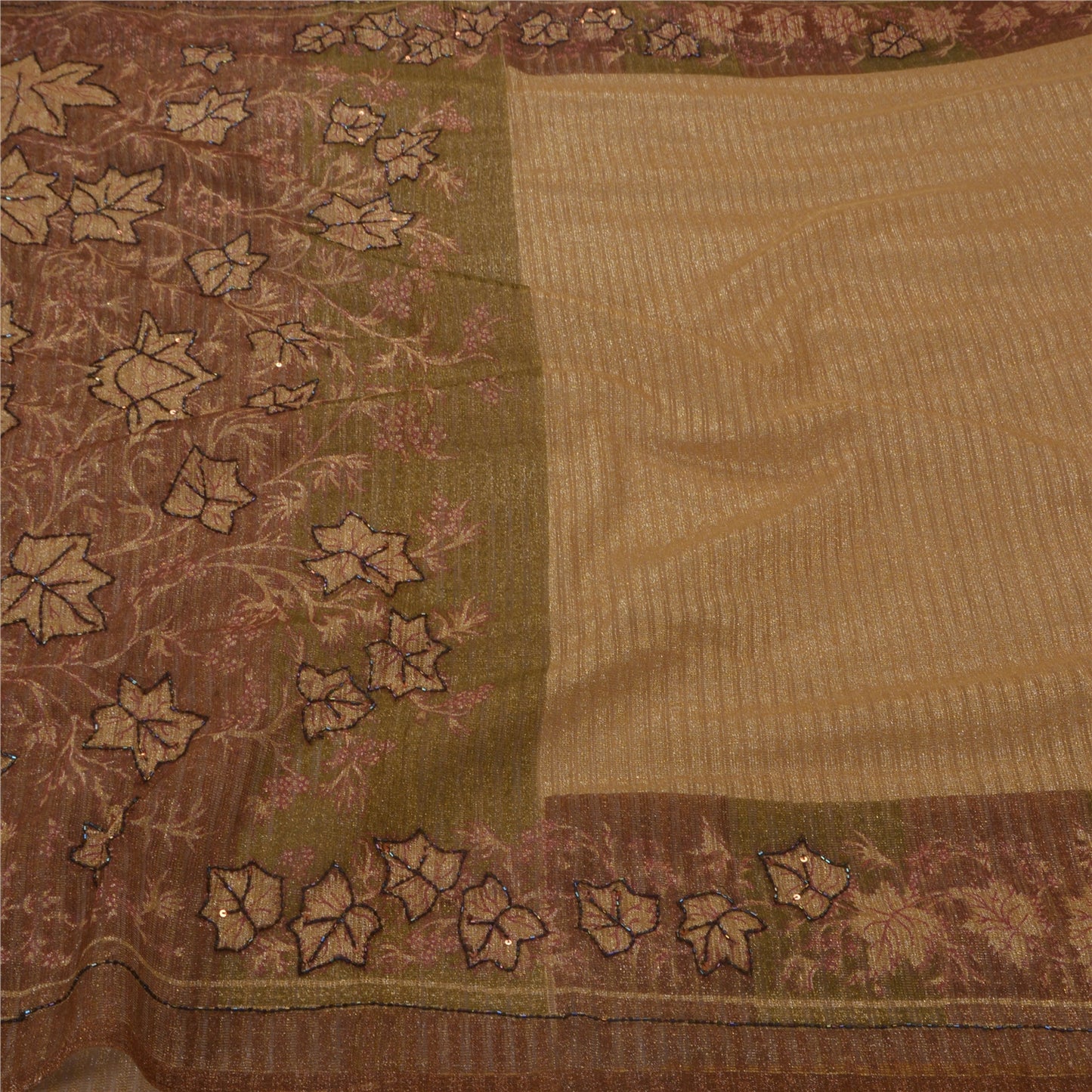 Sanskriti Vintage Sarees Net Mesh Hand Beaded Painted Cream Craft Fabric Sari