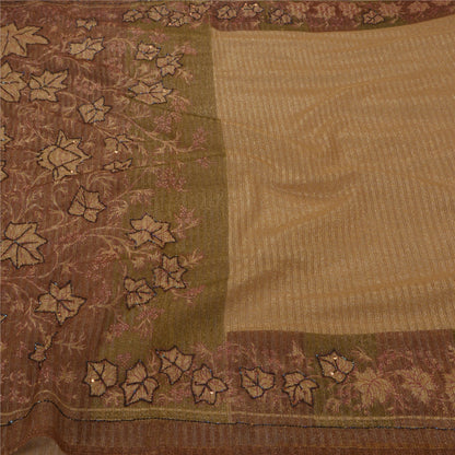 Sanskriti Vintage Sarees Net Mesh Hand Beaded Painted Cream Craft Fabric Sari