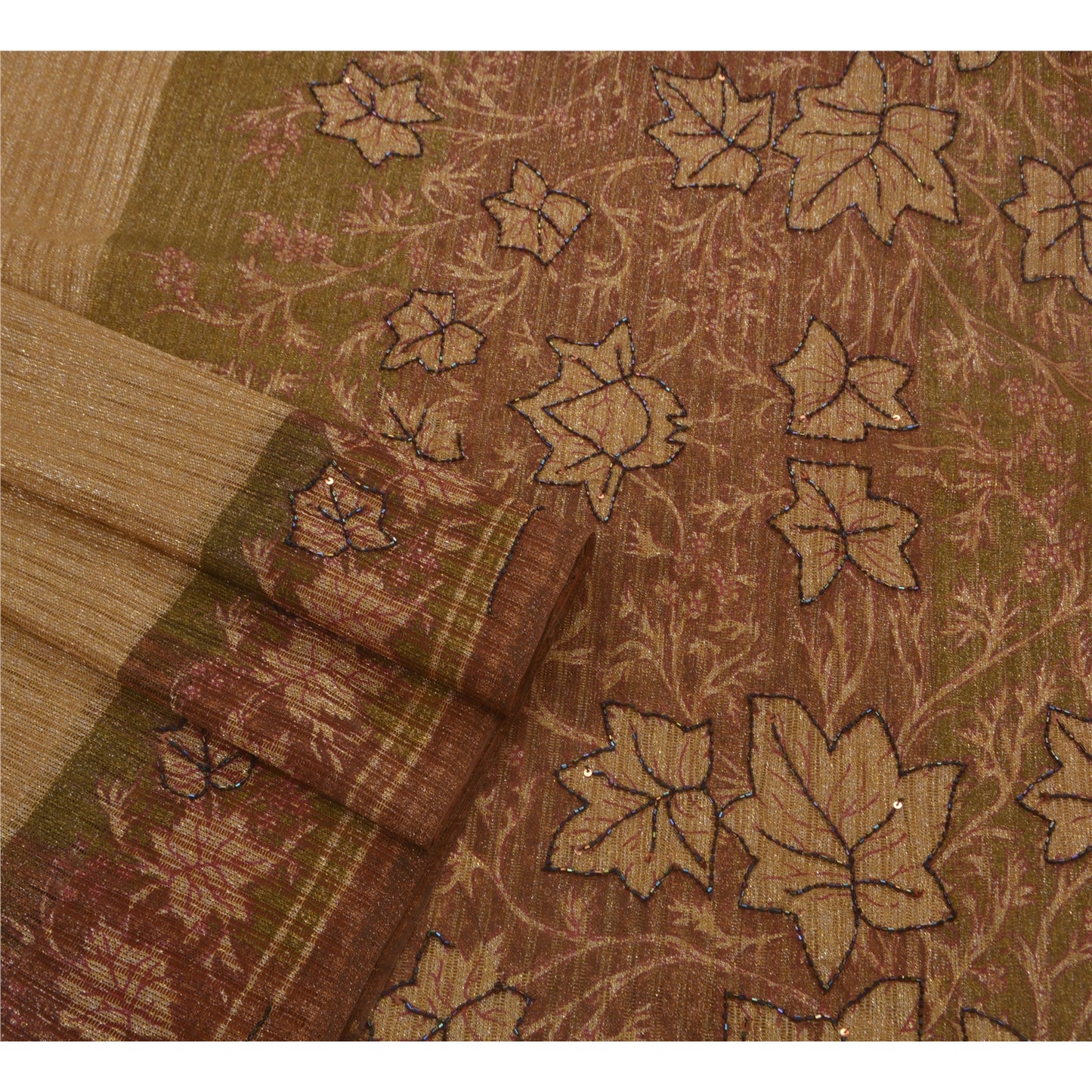 Sanskriti Vintage Sarees Net Mesh Hand Beaded Painted Cream Craft Fabric Sari
