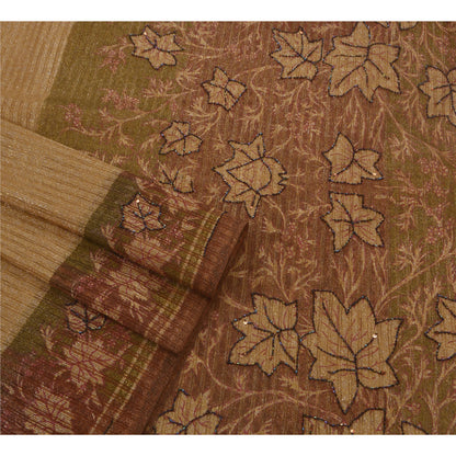 Sanskriti Vintage Sarees Net Mesh Hand Beaded Painted Cream Craft Fabric Sari