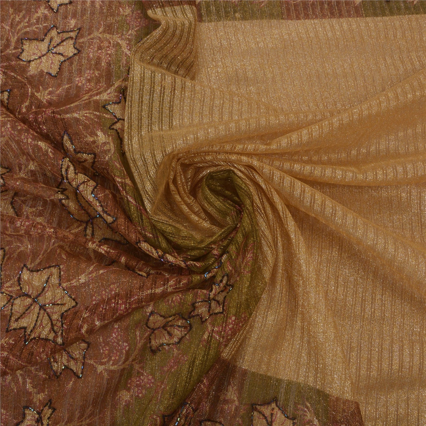 Sanskriti Vintage Sarees Net Mesh Hand Beaded Painted Cream Craft Fabric Sari
