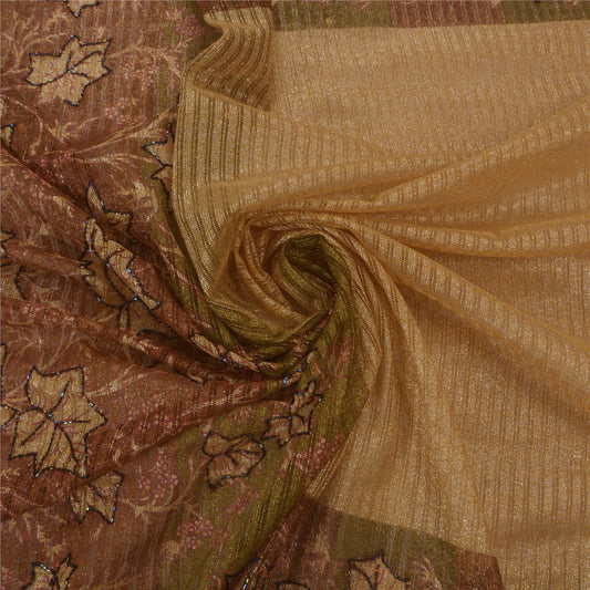 Sanskriti Vintage Sarees Net Mesh Hand Beaded Painted Cream Craft Fabric Sari
