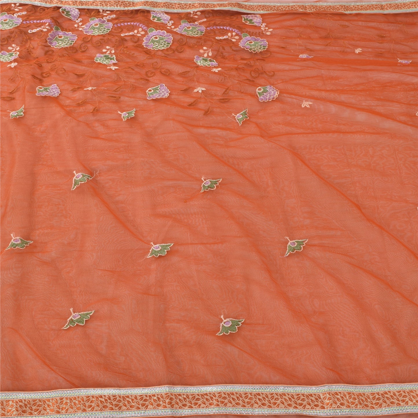Sanskriti Vintage Orange Sarees Net Mesh Embroidered Premium Sari Craft Fabric