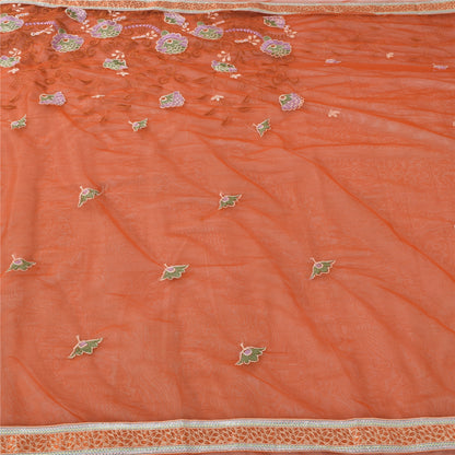 Sanskriti Vintage Orange Sarees Net Mesh Embroidered Premium Sari Craft Fabric