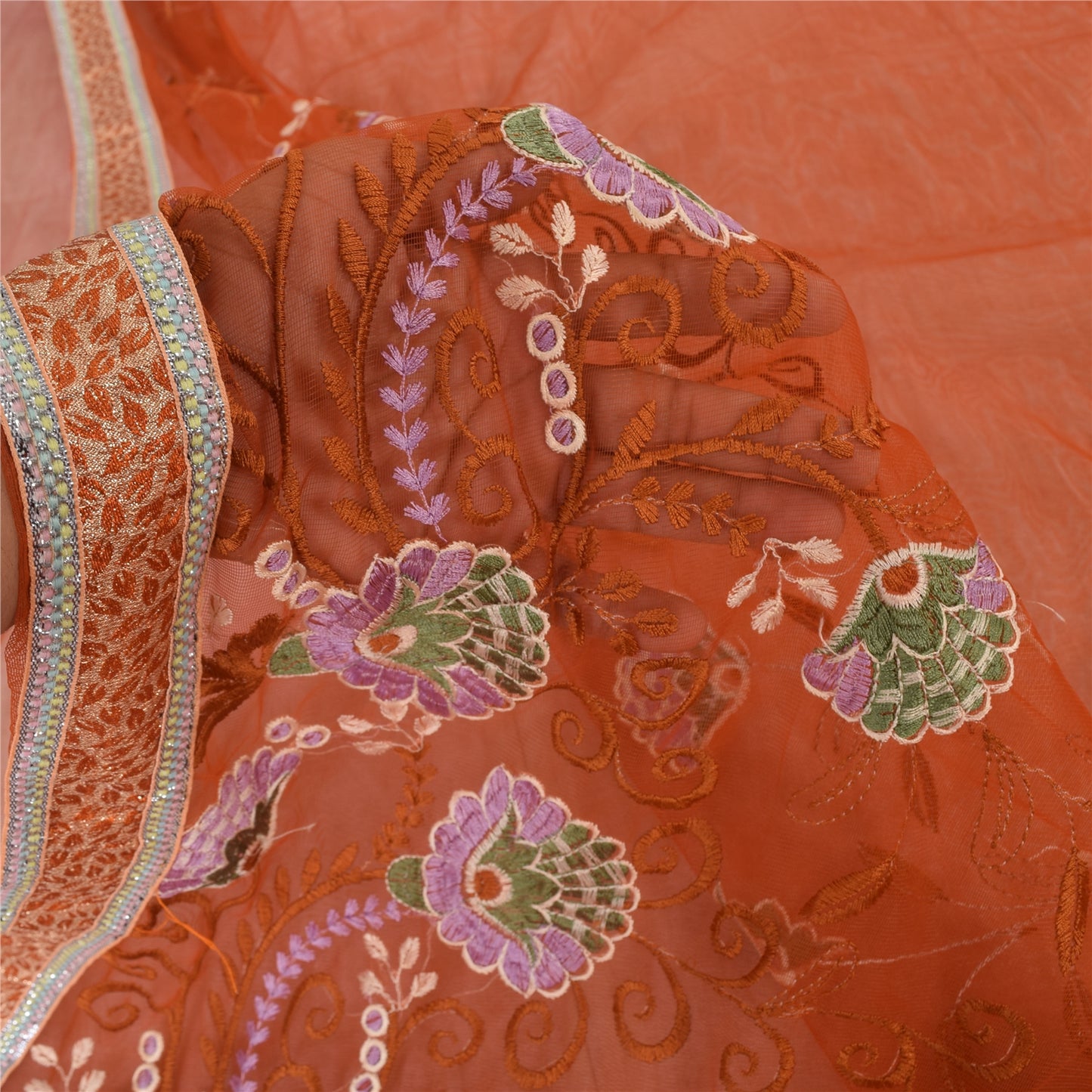 Sanskriti Vintage Orange Sarees Net Mesh Embroidered Premium Sari Craft Fabric