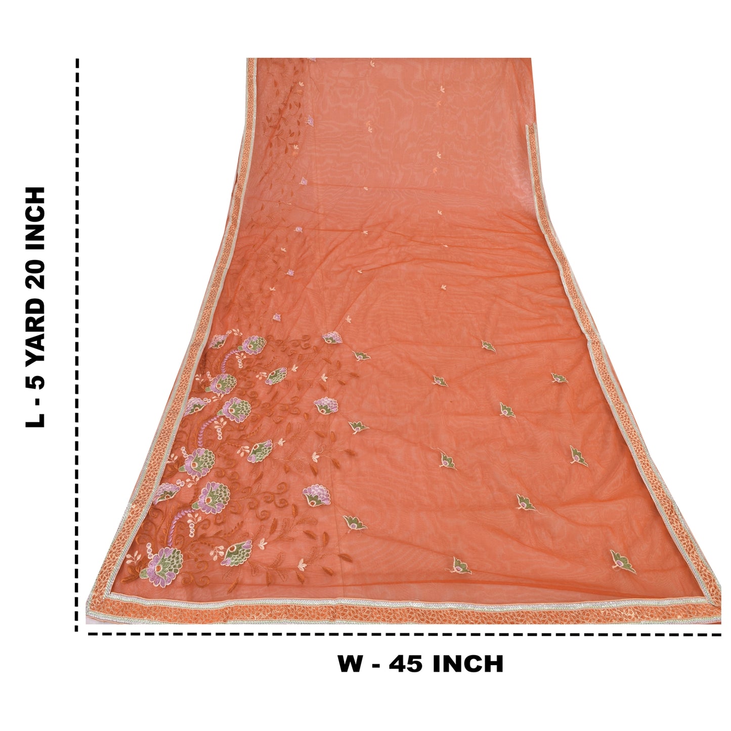 Sanskriti Vintage Orange Sarees Net Mesh Embroidered Premium Sari Craft Fabric