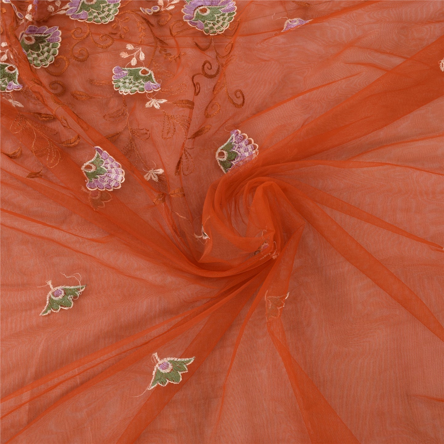 Sanskriti Vintage Orange Sarees Net Mesh Embroidered Premium Sari Craft Fabric