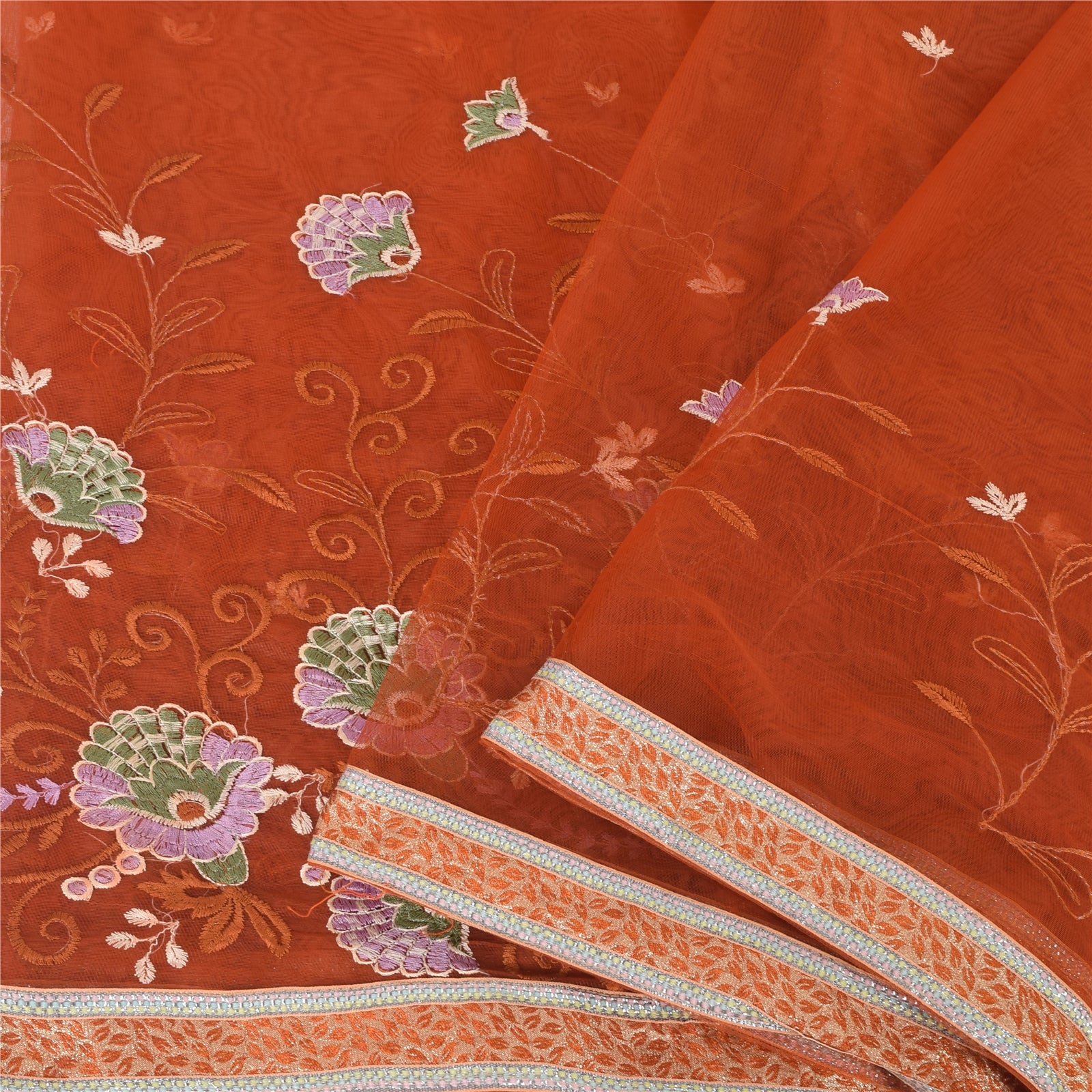 Sanskriti Vintage Orange Sarees Net Mesh Embroidered Premium Sari Craft Fabric