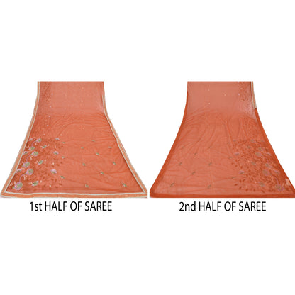 Sanskriti Vintage Orange Sarees Net Mesh Embroidered Premium Sari Craft Fabric