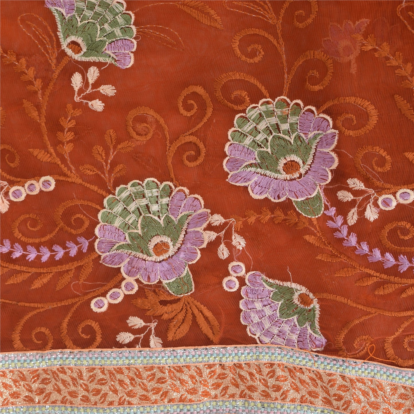 Sanskriti Vintage Orange Sarees Net Mesh Embroidered Premium Sari Craft Fabric