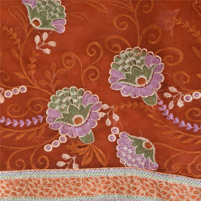 Sanskriti Vintage Orange Sarees Net Mesh Embroidered Premium Sari Craft Fabric
