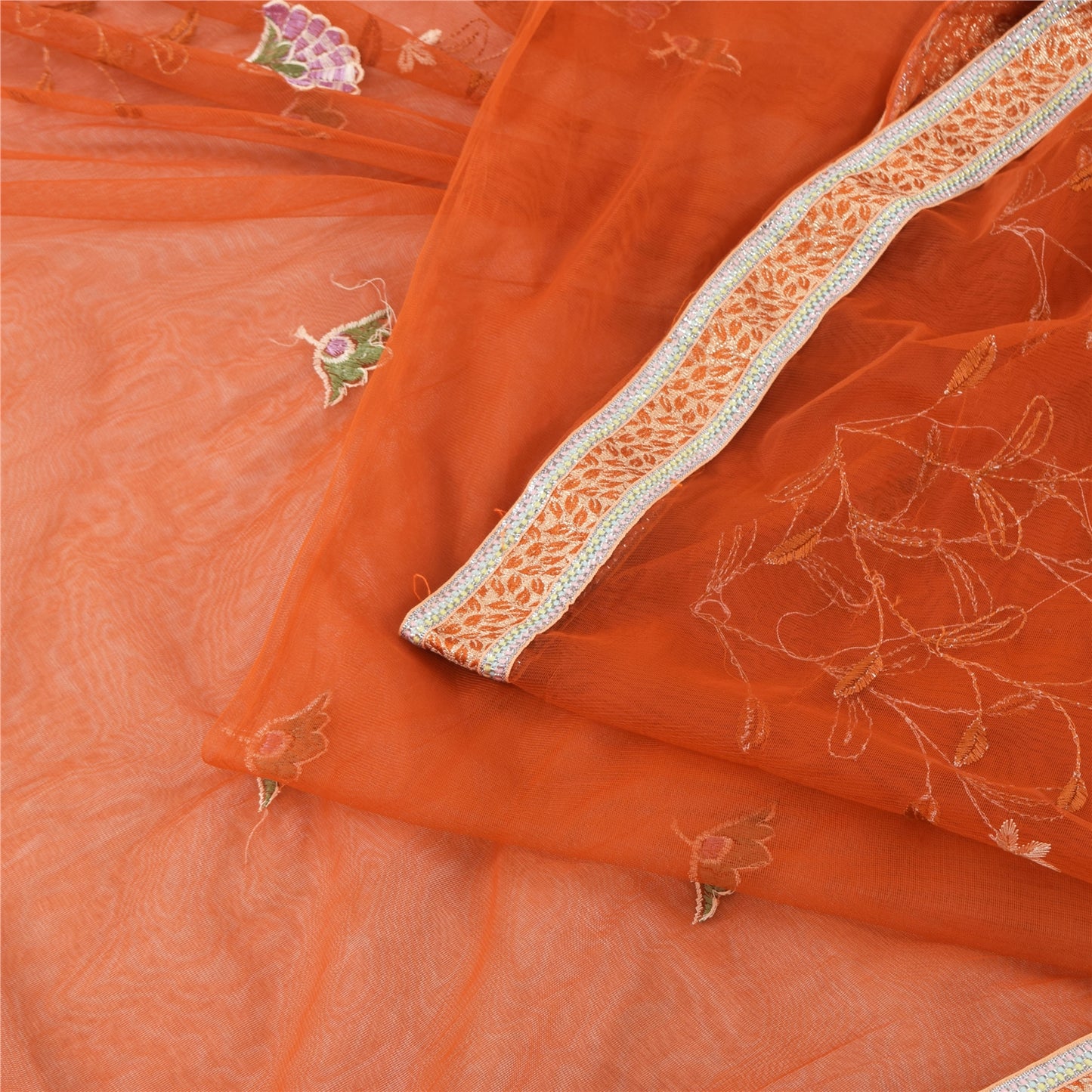 Sanskriti Vintage Orange Sarees Net Mesh Embroidered Premium Sari Craft Fabric