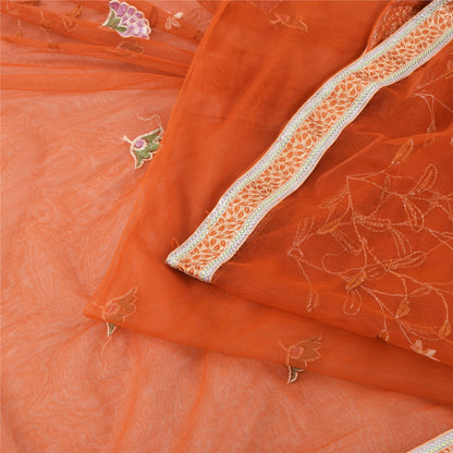 Sanskriti Vintage Orange Sarees Net Mesh Embroidered Premium Sari Craft Fabric