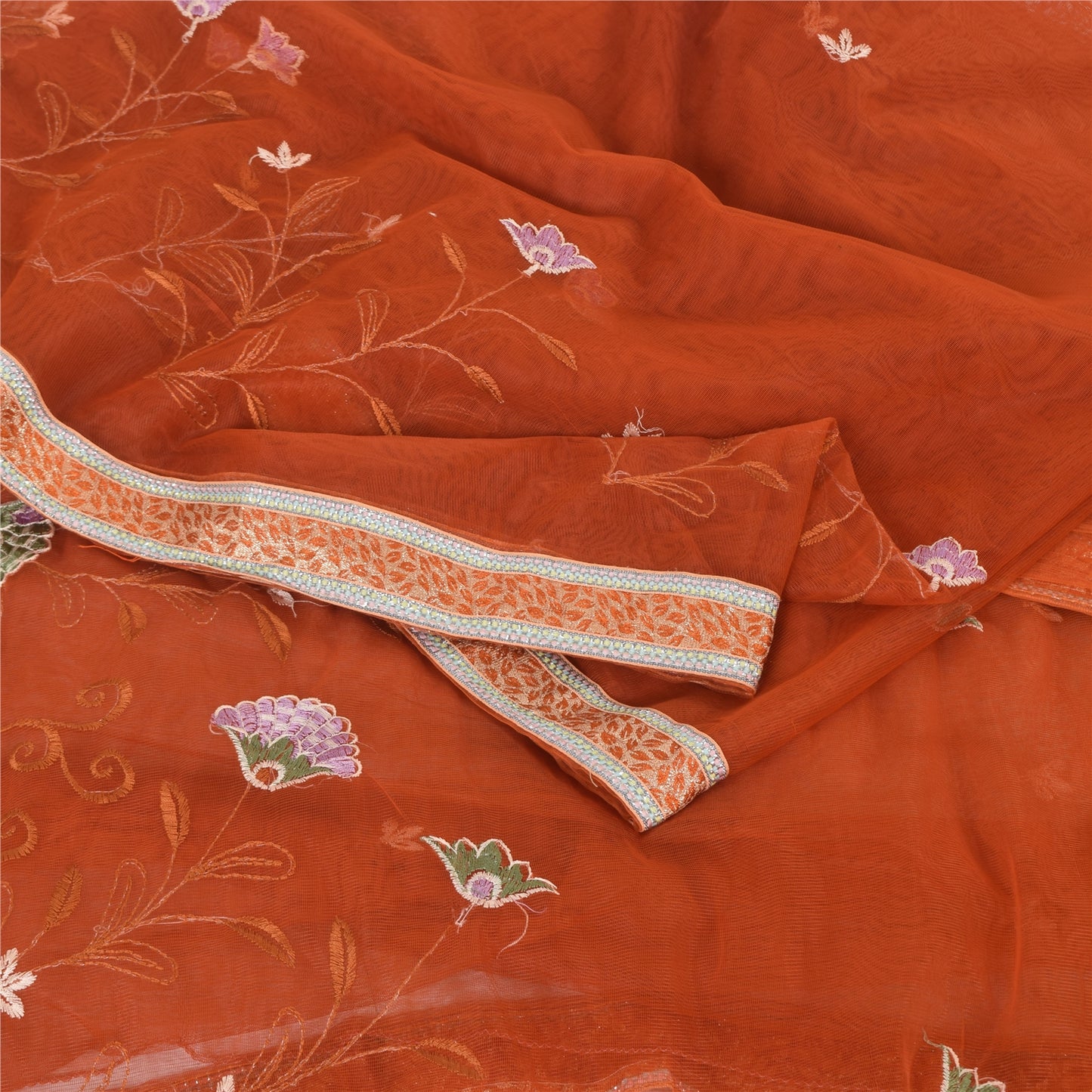 Sanskriti Vintage Orange Sarees Net Mesh Embroidered Premium Sari Craft Fabric