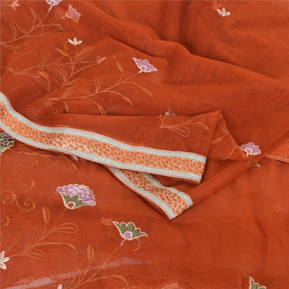 Sanskriti Vintage Orange Sarees Net Mesh Embroidered Premium Sari Craft Fabric