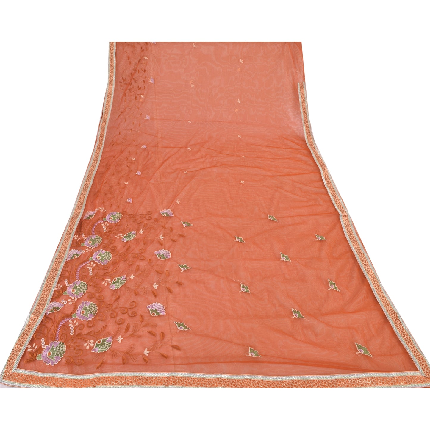 Sanskriti Vintage Orange Sarees Net Mesh Embroidered Premium Sari Craft Fabric