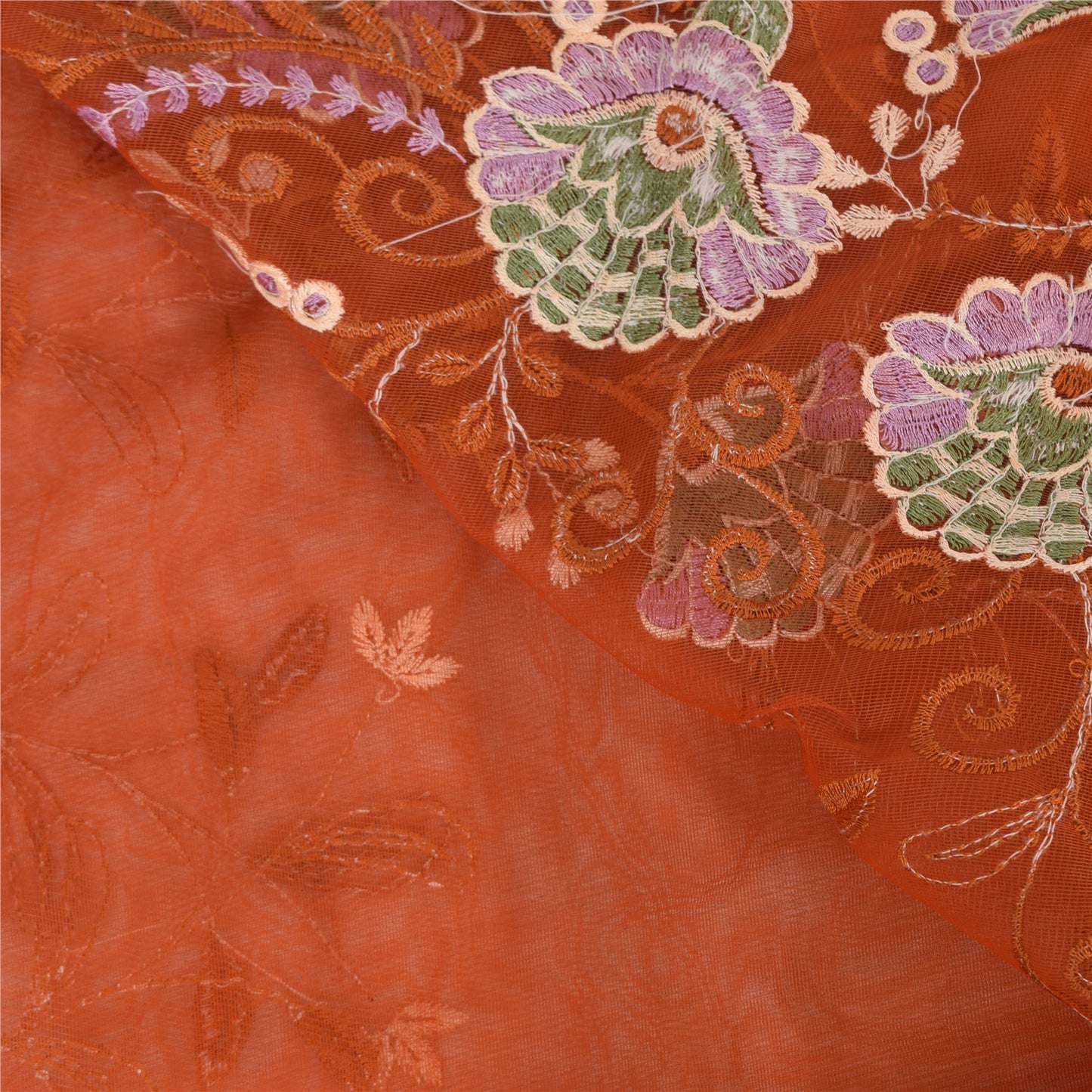 Sanskriti Vintage Orange Sarees Net Mesh Embroidered Premium Sari Craft Fabric