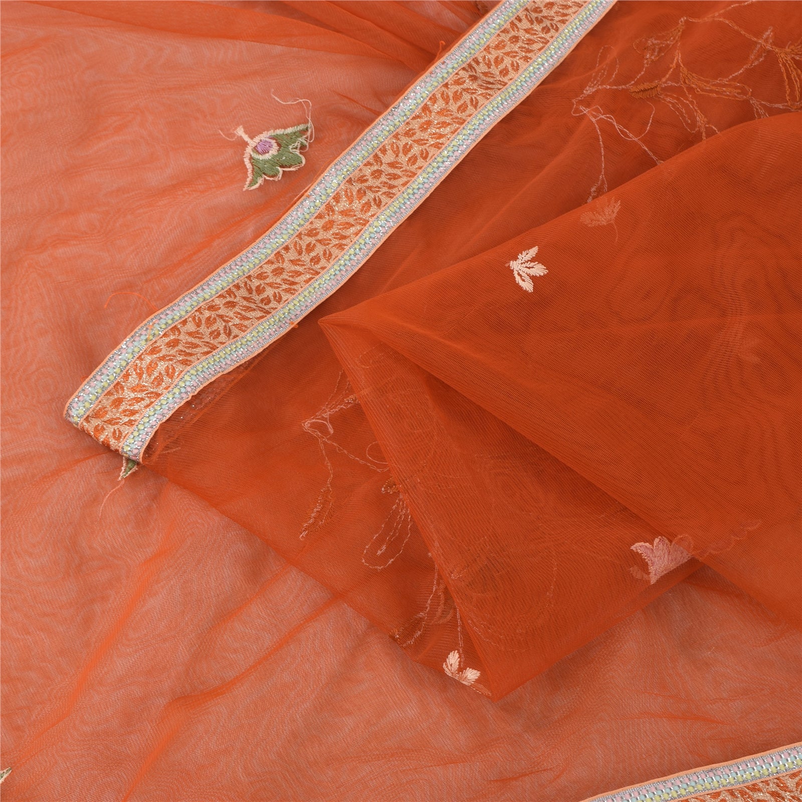 Sanskriti Vintage Orange Sarees Net Mesh Embroidered Premium Sari Craft Fabric