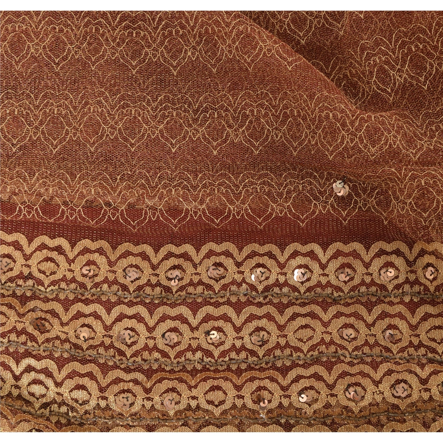 Sanskriti Vintage Hand-Beaded Dark Red Net Sari Fabric: 5yd Craft Supply Uses--Crafts Sewing Patchwork Home Decor, Bag Making, Etc