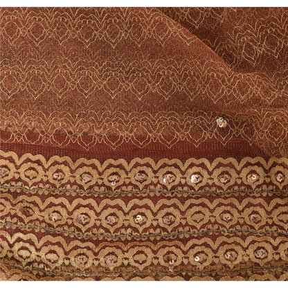 Sanskriti Vintage Hand-Beaded Dark Red Net Sari Fabric: 5yd Craft Supply Uses--Crafts Sewing Patchwork Home Decor, Bag Making, Etc