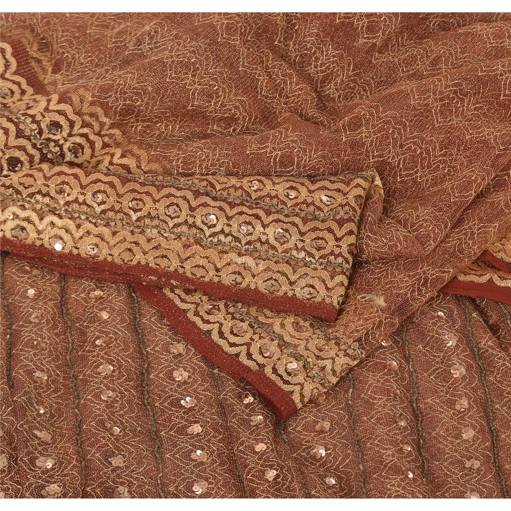 Sanskriti Vintage Dark Red Sarees Net Mesh Hand Beaded Craft Fabric Premium Sari