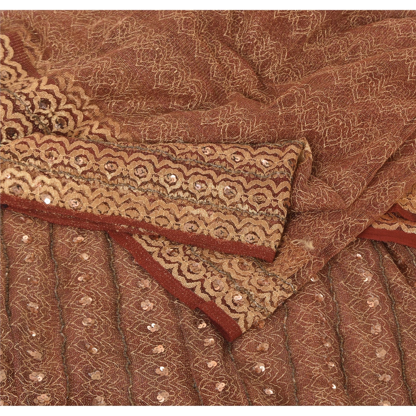 Sanskriti Vintage Hand-Beaded Dark Red Net Sari Fabric: 5yd Craft Supply Uses--Crafts Sewing Patchwork Home Decor, Bag Making, Etc
