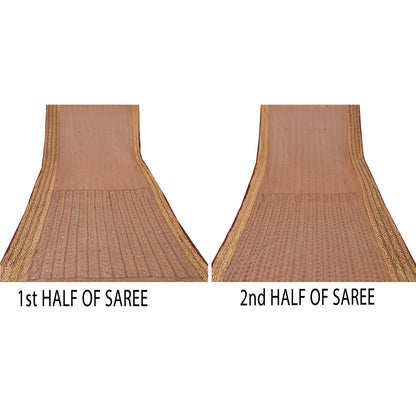 Sanskriti Vintage Dark Red Sarees Net Mesh Hand Beaded Craft Fabric Premium Sari