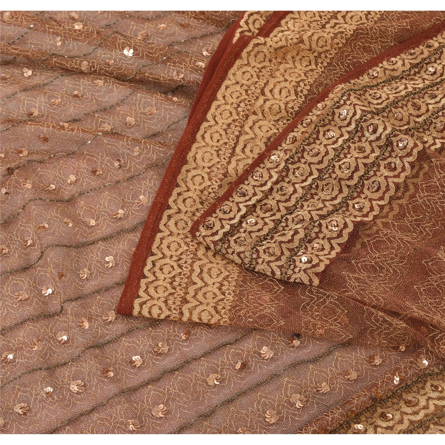 Sanskriti Vintage Hand-Beaded Dark Red Net Sari Fabric: 5yd Craft Supply Uses--Crafts Sewing Patchwork Home Decor, Bag Making, Etc