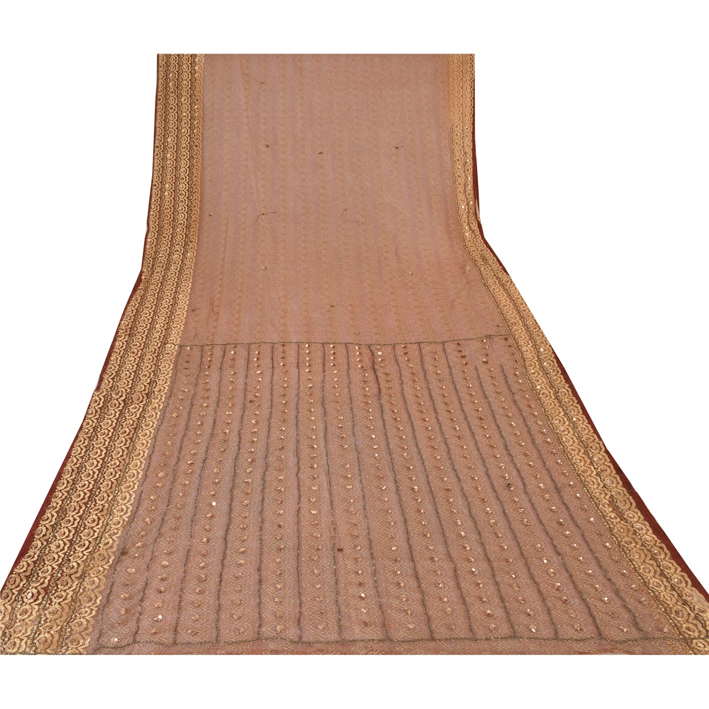 Sanskriti Vintage Dark Red Sarees Net Mesh Hand Beaded Craft Fabric Premium Sari