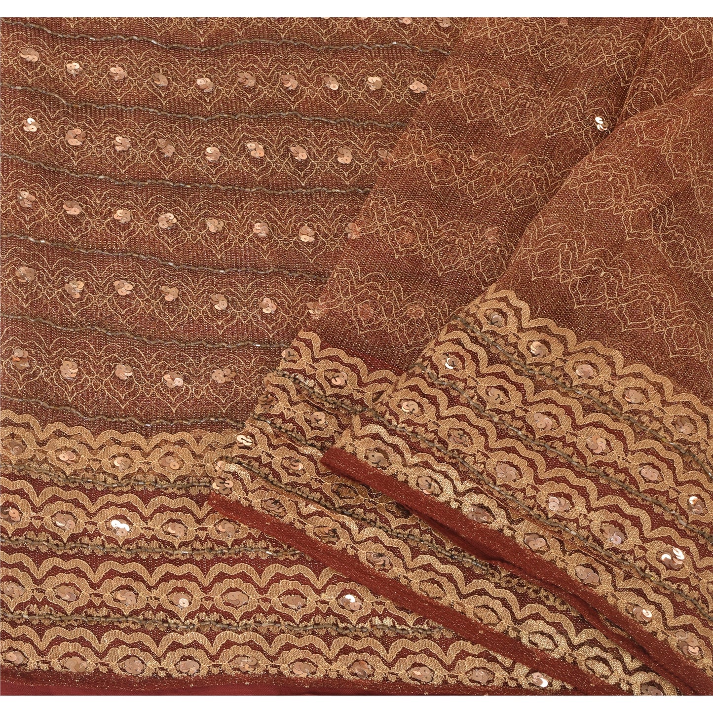 Sanskriti Vintage Hand-Beaded Dark Red Net Sari Fabric: 5yd Craft Supply Uses--Crafts Sewing Patchwork Home Decor, Bag Making, Etc