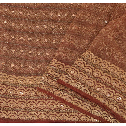 Sanskriti Vintage Hand-Beaded Dark Red Net Sari Fabric: 5yd Craft Supply Uses--Crafts Sewing Patchwork Home Decor, Bag Making, Etc