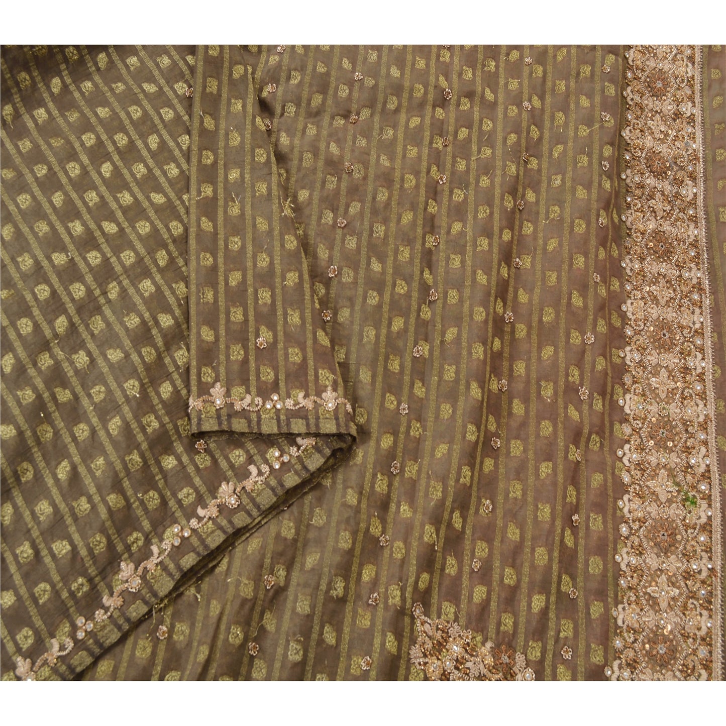 Sanskriti Vintage Green Sarees Georgette Hand Beaded Woven Fabric Cultural Sari