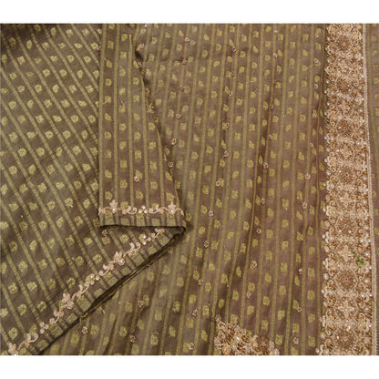 Sanskriti Vintage Green Sarees Georgette Hand Beaded Woven Fabric Cultural Sari