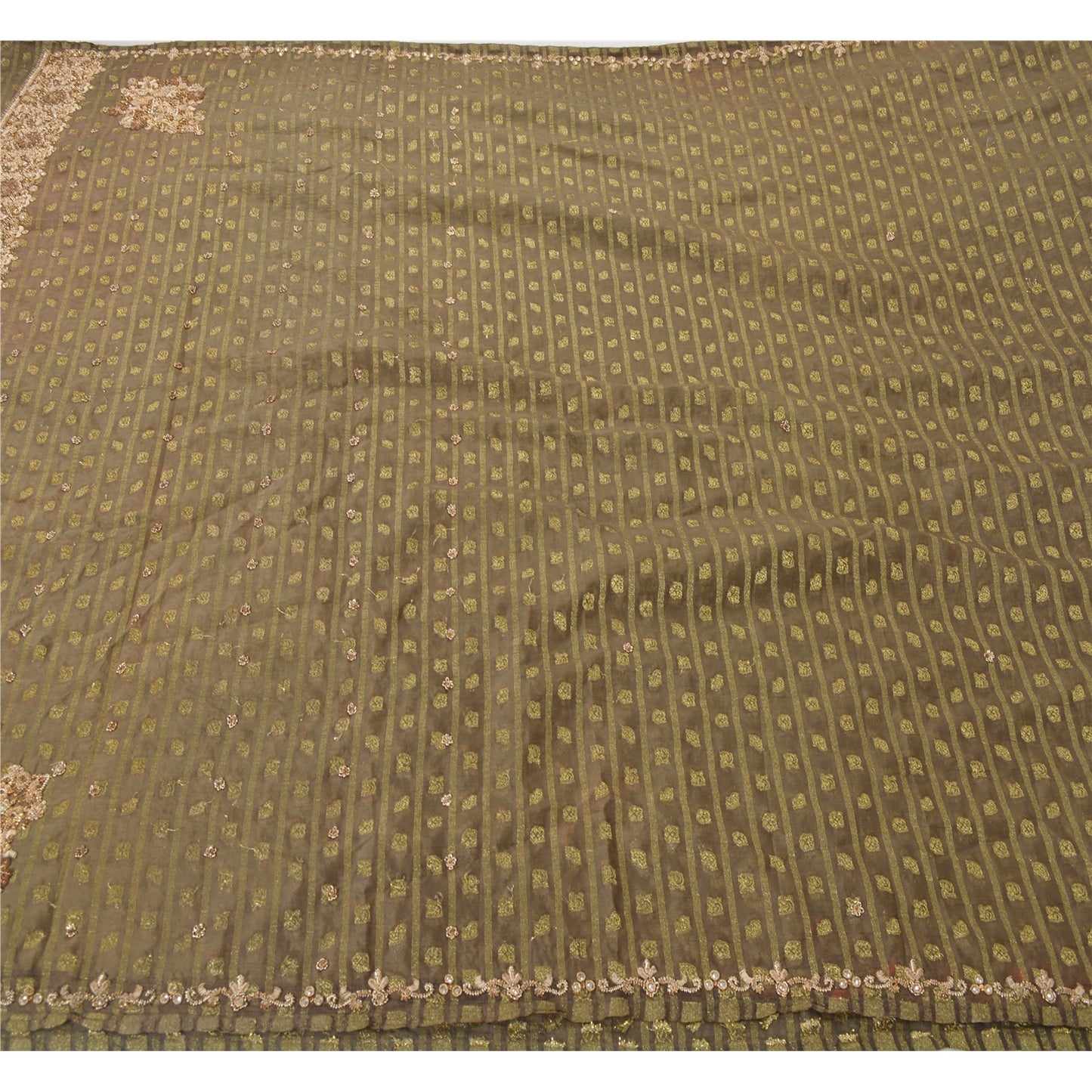 Sanskriti Vintage Green Sarees Georgette Hand Beaded Woven Fabric Cultural Sari